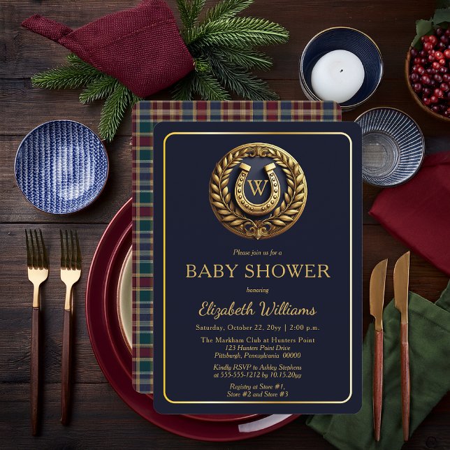 Preppy Horseshoe Kariert Monogram Baby Shower Einladung (Equestrian Emblem Monogram Preppy Navy Blue and Plaid Boy Baby Shower Invitation - Print | Digital)