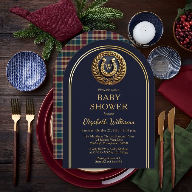 Preppy Horseshoe Kariert Monogram Baby Shower Einladung (Equestrian Emblem Monogram Preppy Navy Blue and Plaid Boy Baby Shower Arched Invitation )
