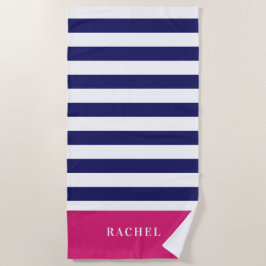 Preppy-Hot-Pink-und Navy-Blue-Streifen Monogramm Strandtuch