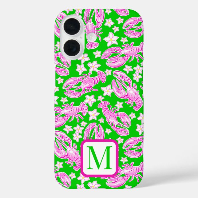 Preppy-Hummer-Blume rosa-grünes Muster-Monogramm Case-Mate iPhone Hülle (Rückseite)