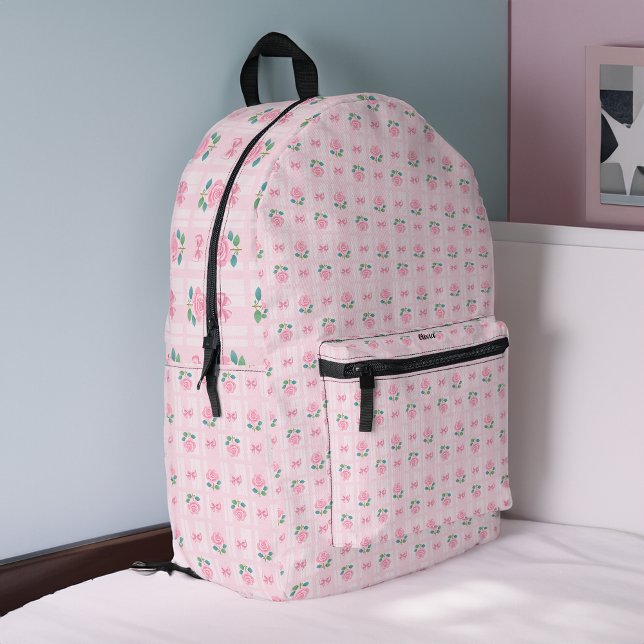 Preppy-Kariert-Backpack mit Rose und Multifunktion Bedruckter Rucksack (pink floral plaid school backpack)