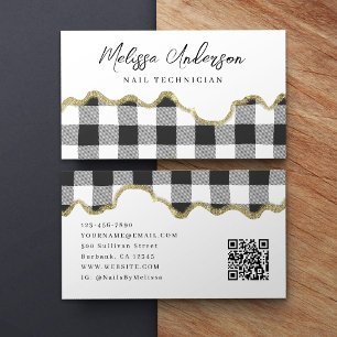 Preppy-Kariert-Schwarz-weiß-Gold-Glitzer-QR-Code Visitenkarte