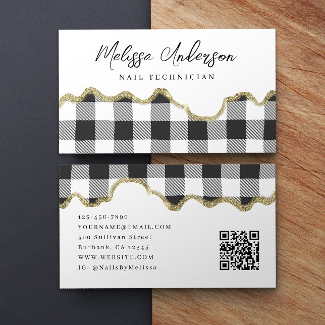 Preppy-Kariert-Schwarz-weiß-Gold-Glitzer-QR-Code Visitenkarte (Von Creator hochgeladen)