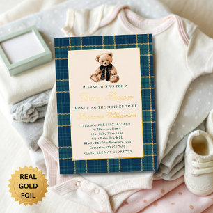 Preppy Kariert Vintage Teddybär Baby-Party Gold Folieneinladung
