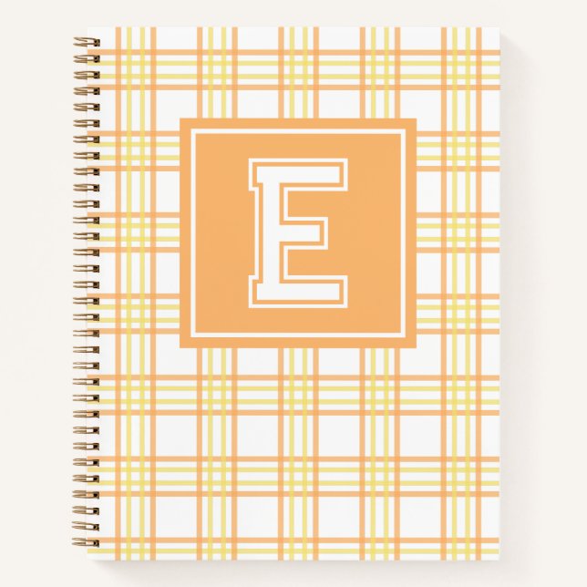 Preppy-Karo-Varsity-Monogramm Orange Gelb Notizbuch (Vorderseite)