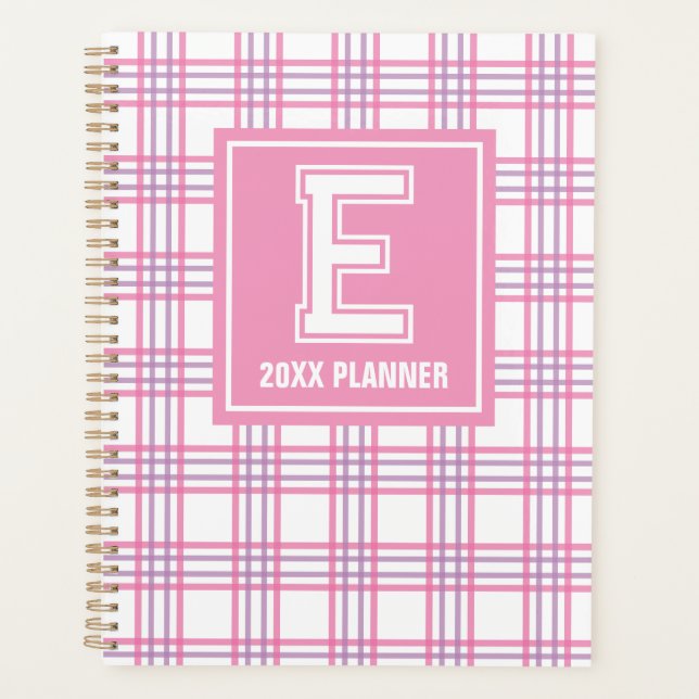 Preppy-Karo-Varsity-Monogramm Rosa Lila Planer (Vorderseite)