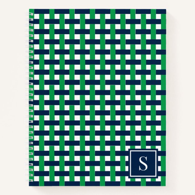 Preppy-Korbegeflecht – Navy & Grünes Monogramm Notizbuch (Vorderseite)