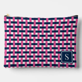 Preppy-Korbegeflecht – Navy & Hot Pink Monogramm Zubehörtasche