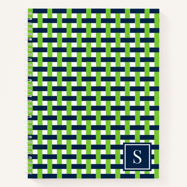 Preppy-Korbegeflecht – Navy & Lime Monogramm Notizbuch (Vorderseite)
