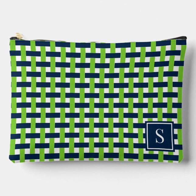 Preppy-Korbegeflecht – Navy & Lime Monogramm Zubehörtasche (Vorderseite)