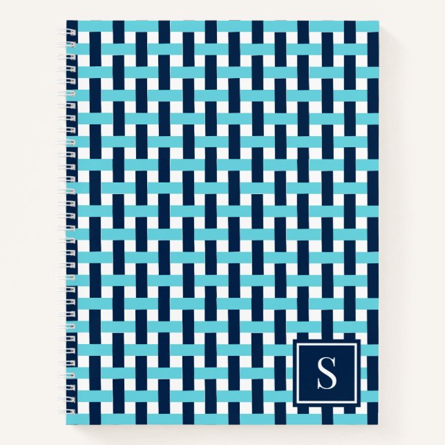 Preppy-Korbegeflecht – Navy & Türkis Monogramm Notizbuch (Vorderseite)