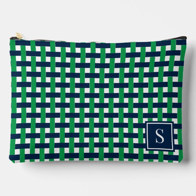 Preppy-Korbegeflecht – Navy- und Grün-Monogramm Zubehörtasche (Vorderseite)