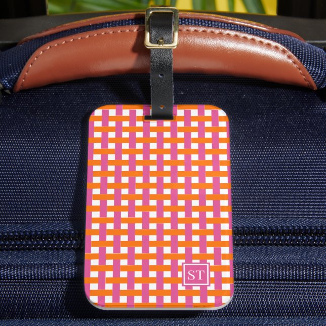 Preppy-Korbgeflecht - Hot Pink & Orange Monogramm Gepäckanhänger (Vorderseite Insitu 2)