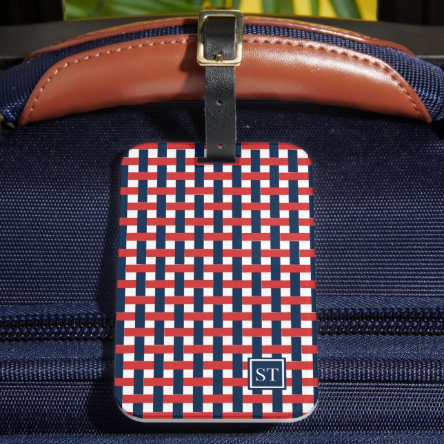 Preppy-Korbgeflecht - Navy & rotes Monogramm Gepäckanhänger (Vorderseite Insitu 2)