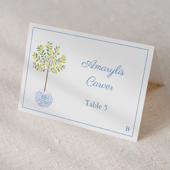 Preppy Lemon Tree Polterabend Platzkarte Tischnummer (Individual place cards for wedding or baby boy shower featuring lemon tree in chinoiserie planter)