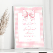 Preppy Light Pink Gingham Bow Baby Girl Dusche