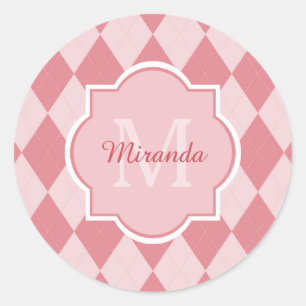 Preppy Light Pink Raute Girl Monogram Party Name Runder Aufkleber