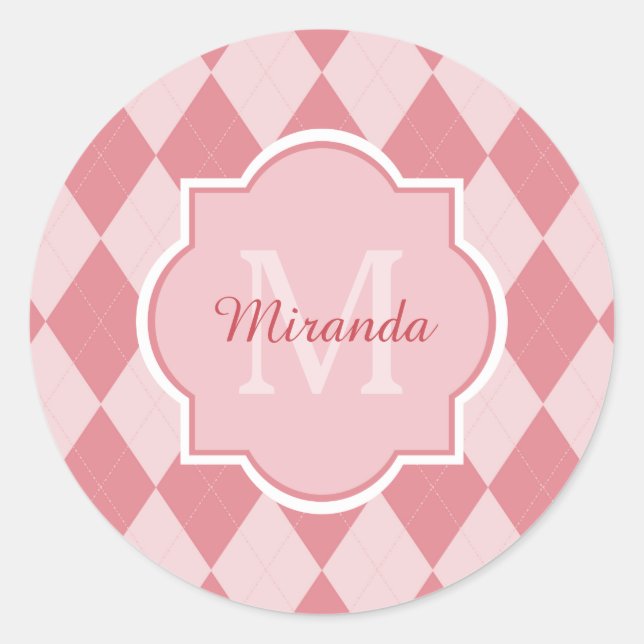 Preppy Light Pink Raute Girl Monogram Party Name Runder Aufkleber (Vorderseite)