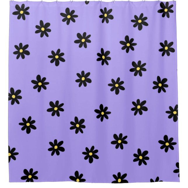 Preppy Lila Black Floral Simple Blume Pattern Duschvorhang (Vorderseite)