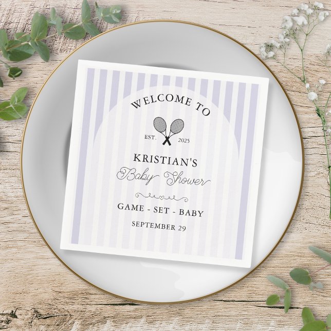 Preppy Lila Tennis Country Club Kinderdusche Serviette (elegant light purple stripes tennis theme baby shower napkins for chic preppy country club events)