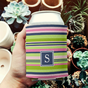 Preppy Lime, Pink and Navy Stripe Monogram Dosenkühler