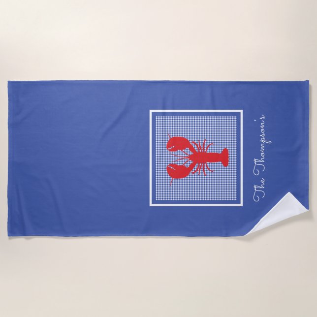 Preppy Lobster Blue White Gingham Familienname Strandtuch (Vorderseite)