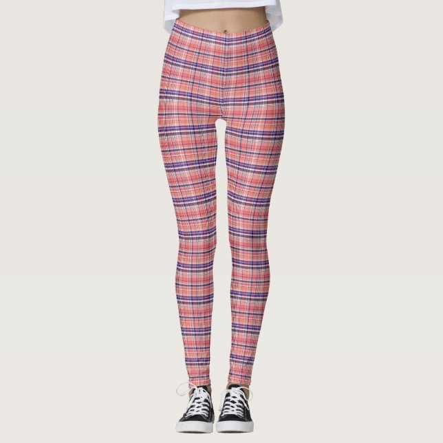 Preppy Lt Coral Wht Navy Blue Kariert Madras Tarta Leggings (Vorderseite)