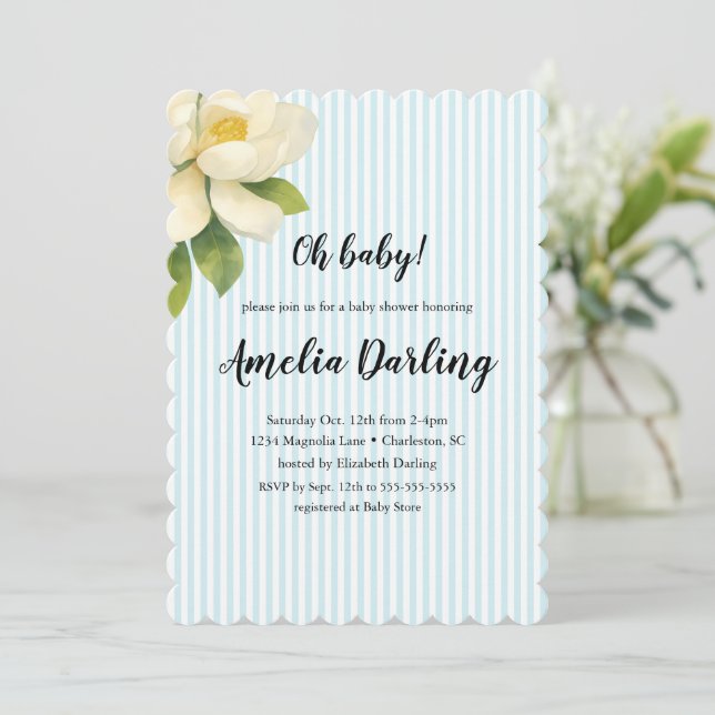 Preppy Magnolia Flower Stripe Baby Shower Einladung (Stehend Vorderseite)