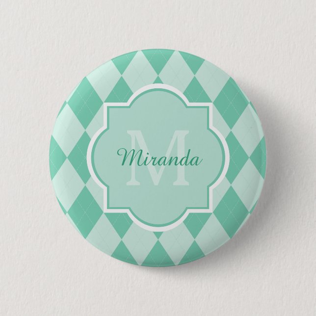 Preppy Minze Green Raute Girly Monogram und Name Button (Vorderseite)