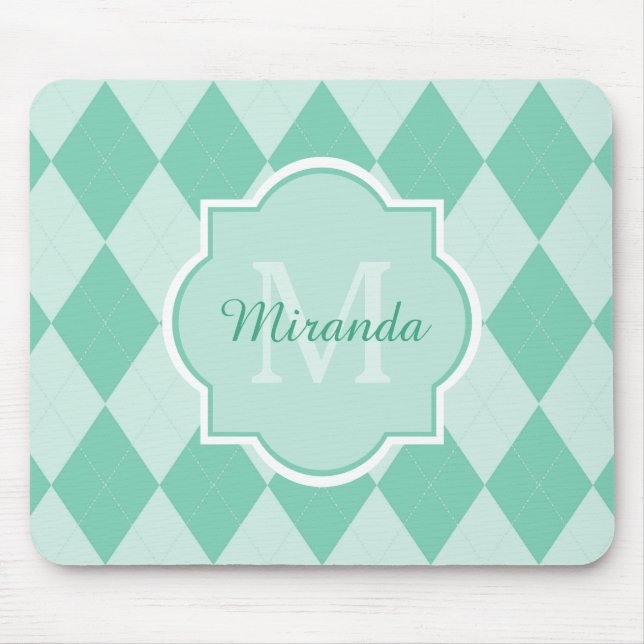 Preppy Minze Green Raute Girly Monogram und Name Mousepad (Vorne)