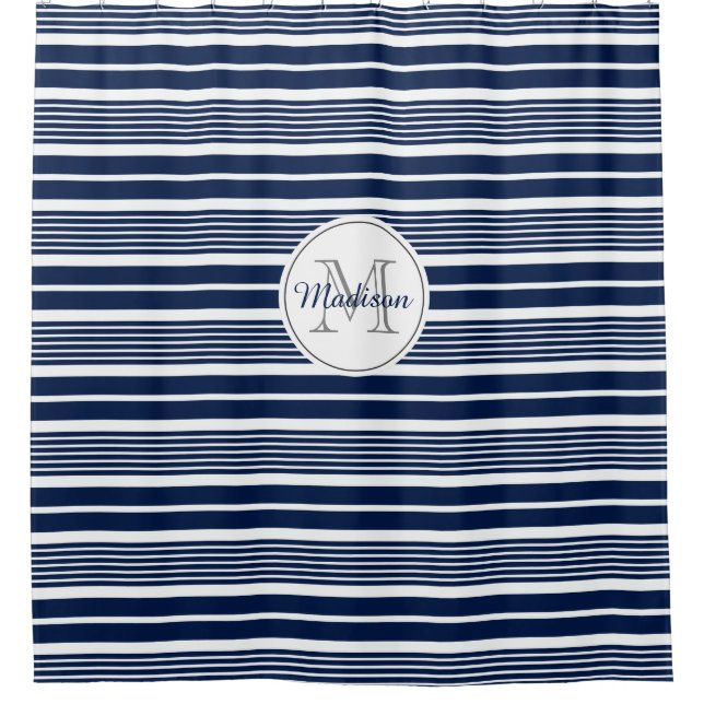 Preppy Mit Monogramm Navy Blue und White Strip Duschvorhang (Vorderseite)