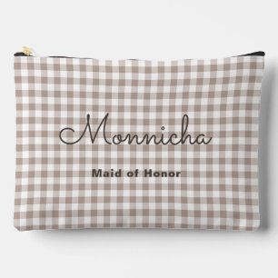 Preppy Mocha Brown Checkered Bridesmaid Travel Zubehörtasche