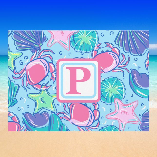 Preppy Monogram Beach Muschel Crab Postkarte (Von Creator hochgeladen)