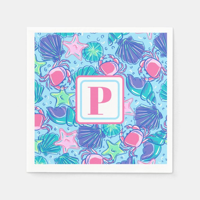 Preppy Monogram Beach Muschel Crab Serviette (Vorderseite)
