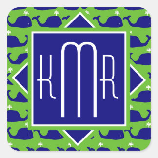 Preppy Monogram | Blaue Grünwale Quadratischer Aufkleber