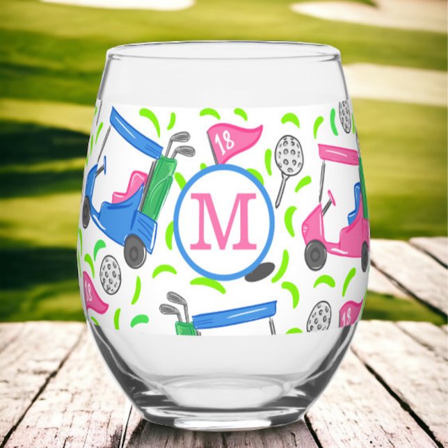Preppy Monogram Golf Pink Blue Golf Cart Muster Weinglas Ohne Stiel (Von Creator hochgeladen)
