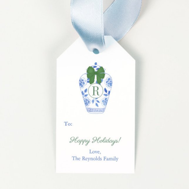 Preppy Monogram Green Bow Happy Holidays Geschenkanhänger (Hand painted watercolor Ginger jar with green bow and monogram preppy merry christmas gift tags)