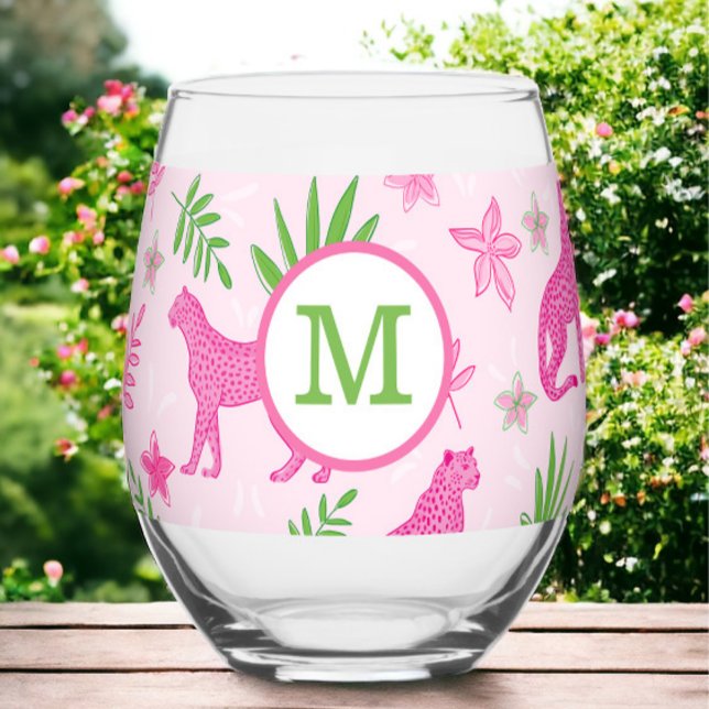 Preppy Monogram Pink Cheetah Rosa Hintergrund Weinglas Ohne Stiel (Von Creator hochgeladen)