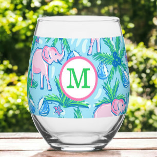 Preppy Monogram Pink Elephant Palm Tree Weinglas Ohne Stiel