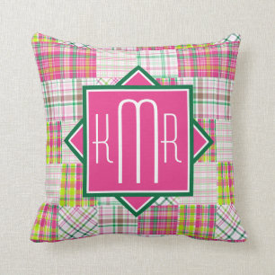 Preppy Monogram   Rosa und grün Kariert Kissen