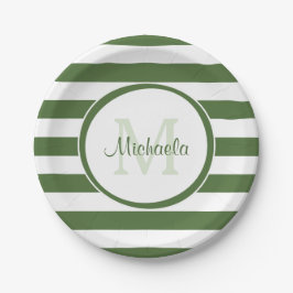 Preppy Monogram und Chunky Treetop Green Stripes Pappteller