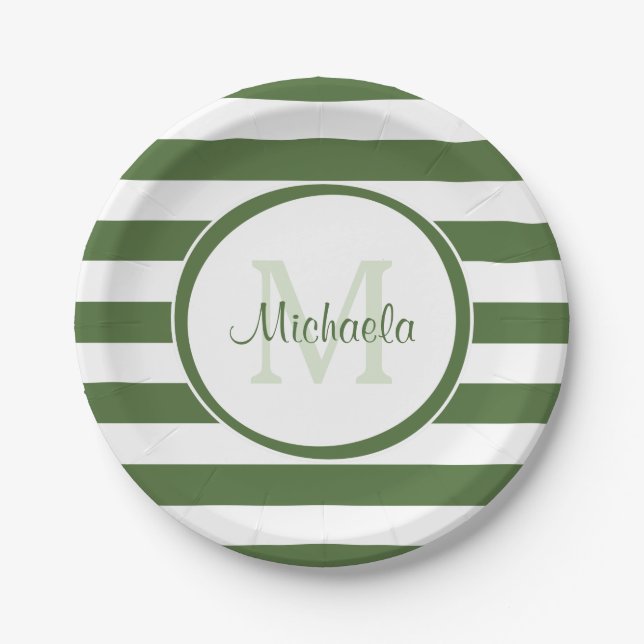 Preppy Monogram und Chunky Treetop Green Stripes Pappteller (Vorderseite)