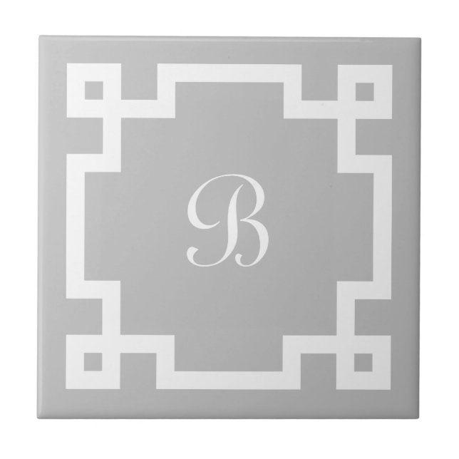 Preppy Monogram White Greek Key Border Gray Fliese (Vorderseite)