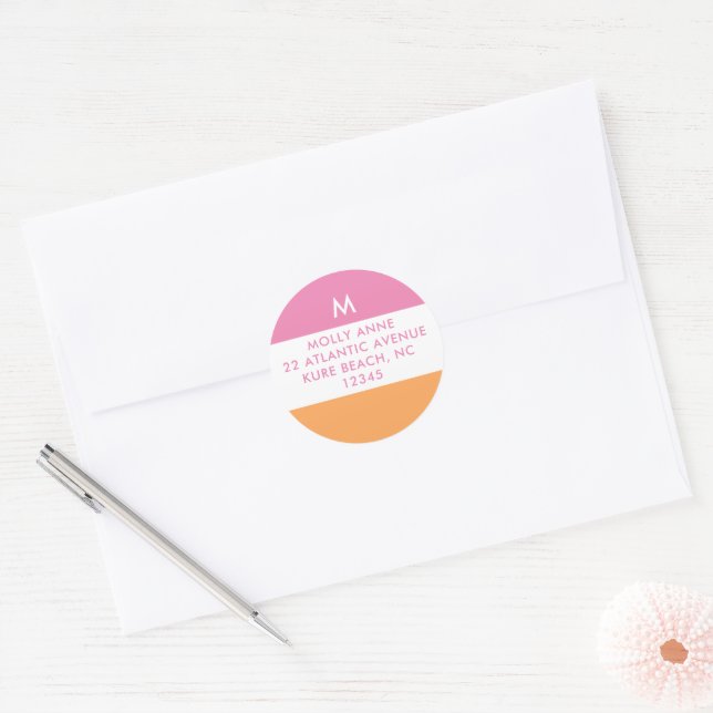 Preppy-Monogramm Rosa und Orange Mädchenhaft Runder Aufkleber (Umschlag)