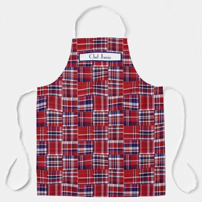 Preppy Multicolor Patchwork Madras Deep Red Navy Schürze (Vorderseite)