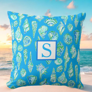 Preppy-Muscheln auf Blue Monogram Seaside Kissen