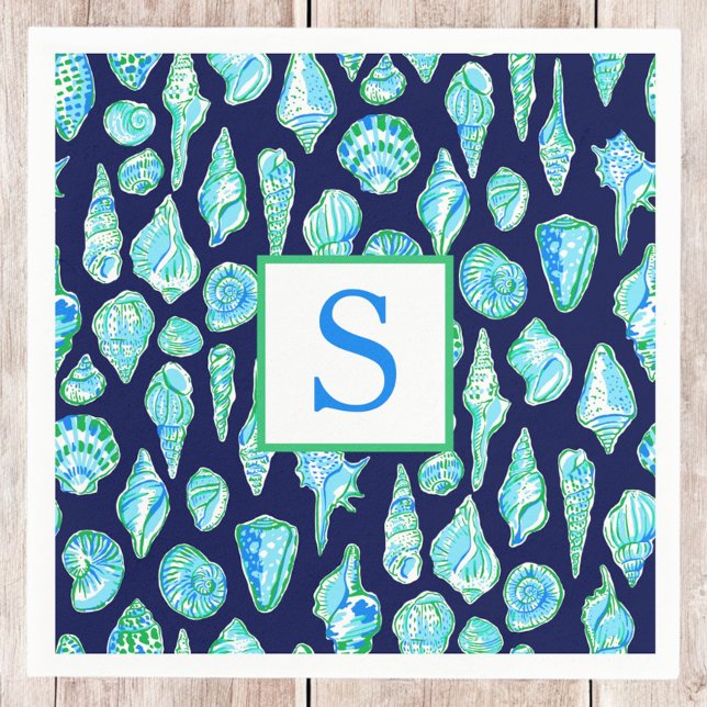 Preppy-Muscheln auf Navy-Background-Monogramm Serviette (Von Creator hochgeladen)