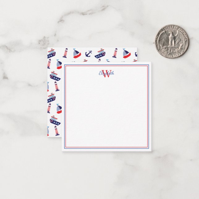 Preppy Nautic Sailbots Monogram Mitteilungskarte (Vorderseite/Rückseite Beispiel)