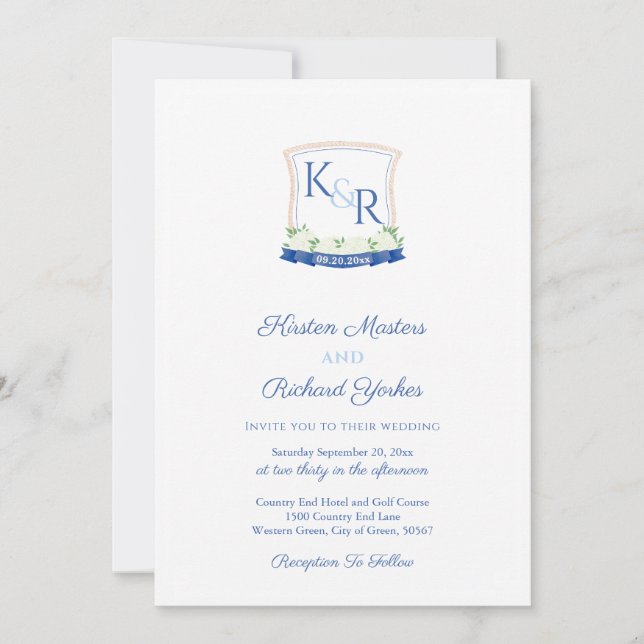 Preppy Nautical Blue White Monogram Wappen Wedding Einladung (Vorderseite)