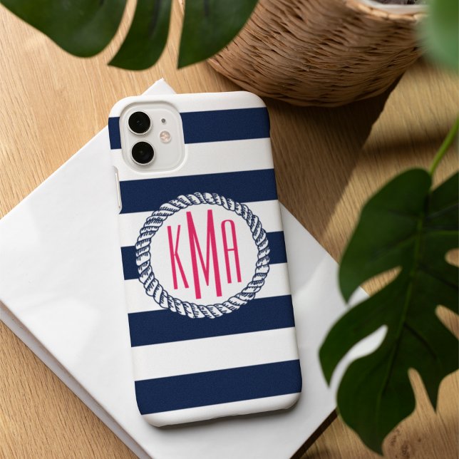 Preppy Nautical Navy & White Strip Pink Monogram Case-Mate iPhone Hülle (Von Creator hochgeladen)